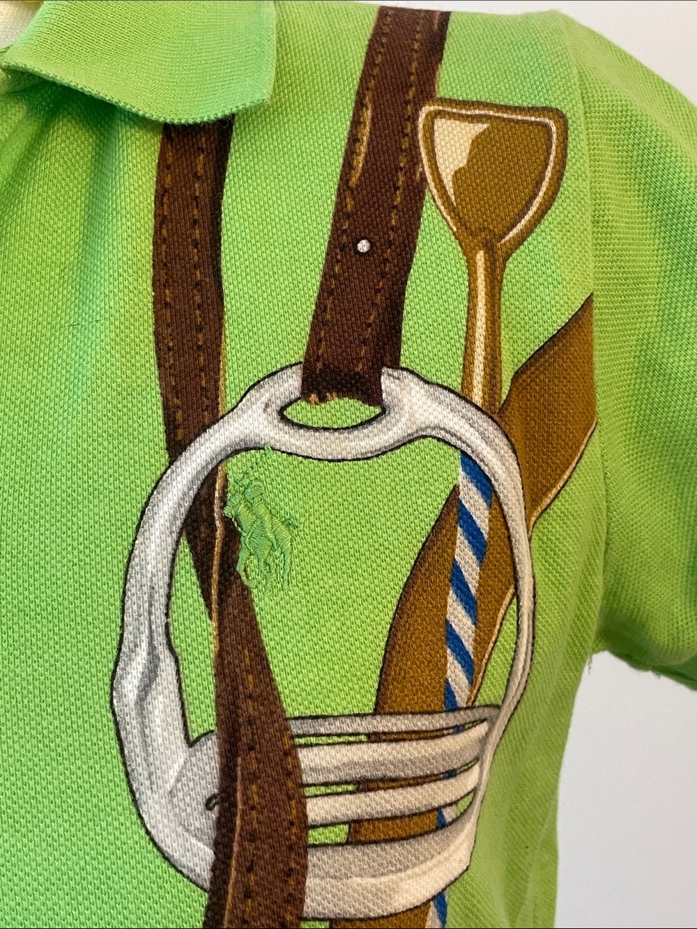 Vintage Polo Ralph Lauren Equestrian Polo Shirt Bridle Saddle Print Lime Green S - Picture 4 of 13